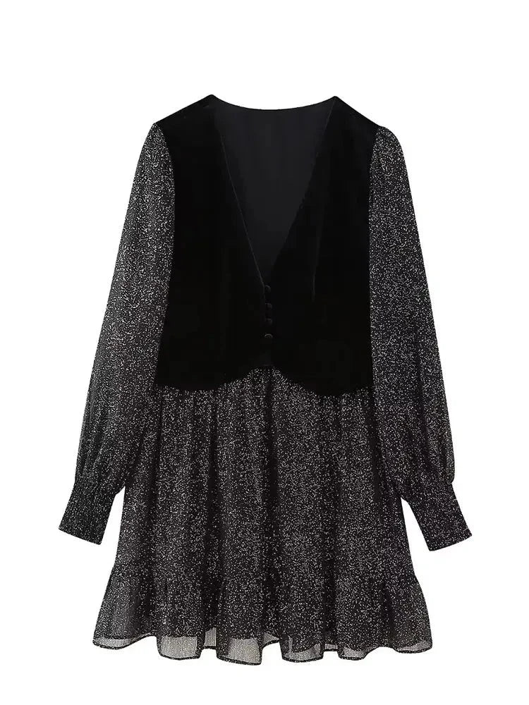 Spring Vest Patchwork Dress For Women Tight Short Dresses Female Buttons Wild Vintage
