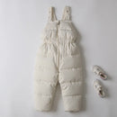 White puffer bib overalls with matching shoes on a light gray background, Obroi
