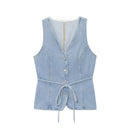 Blue Denim Sleeveless Shirt French Country Lace Casual Denim Vest Women Tank Tops