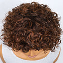 Curly brown wig on a mannequin head with a white background, Obroi