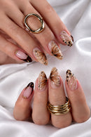 24Pcs Medium Almond Press On Nails Hand‑painted Butterfly Leopard Gold Line Reusable Nails for Women