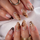 24Pcs Medium Almond Press On Nails Hand‑painted Butterfly Leopard Gold Line Reusable Nails for Women