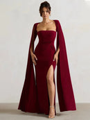 Long Cape Sleeve Split Maxi Dress For Women Gown Square Collar Evening Long Dress Elegant