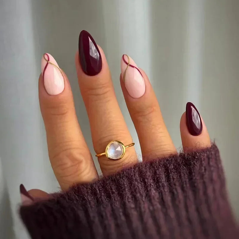 24pcs winter fall leaves false nails with almond artificial nails with glue short stiletto fake press on nail