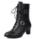 Female Boots Round Toe Block Heels 5cm Zipper Lace Up Belt Buckle Casual Mid Calf