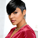 Woman with stylish haircut wearing a red top and jewelry on a white background, Obroi