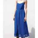 Women Hollow Out Embroidery Blue Spaghetti Strap Dress Female Midi Summer Dresses
