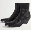 Black leather ankle boots with metallic accents on a white background, Obroi