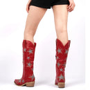 Women Embroidery Star Western Cowgirl Boots Pointed Toe Side Zipper Knee High with Heel Boots