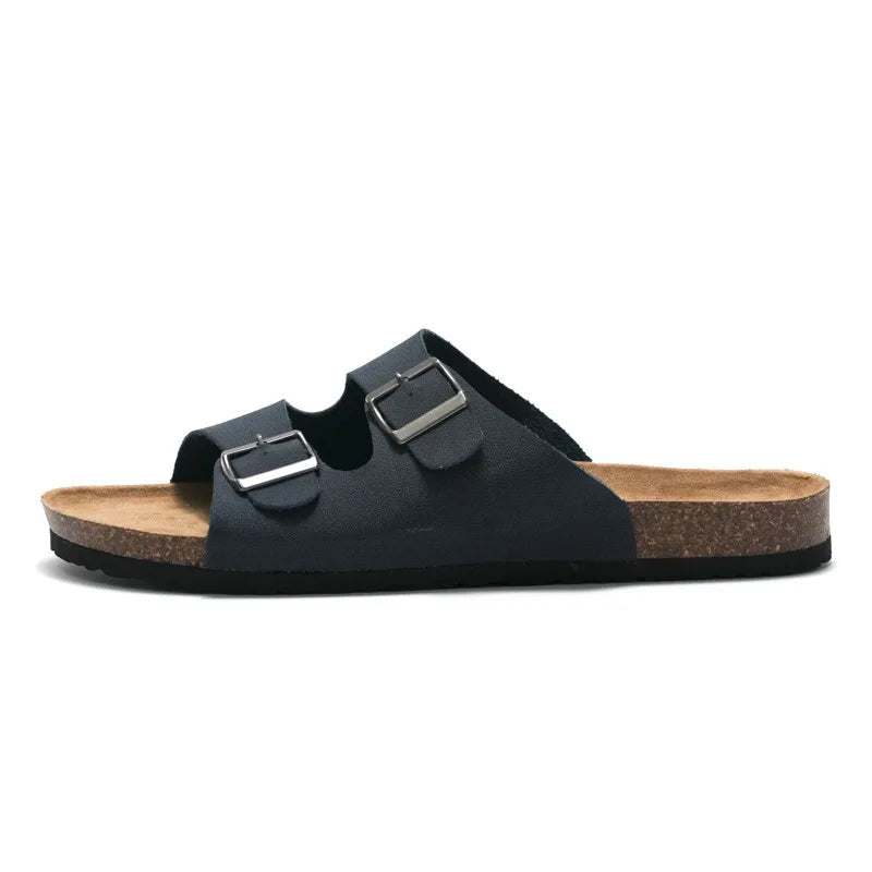 Men Cork Slippers Leather Mule Clogs Slippers Soft Cork Two Buckle Slides Footwear
