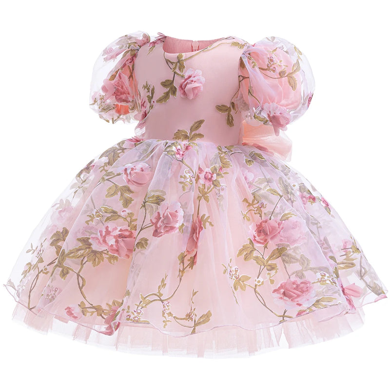 Girls Flower Puff Sleeve Princess Dress Old Children's Flower Dress Baby Birthday Party Dress