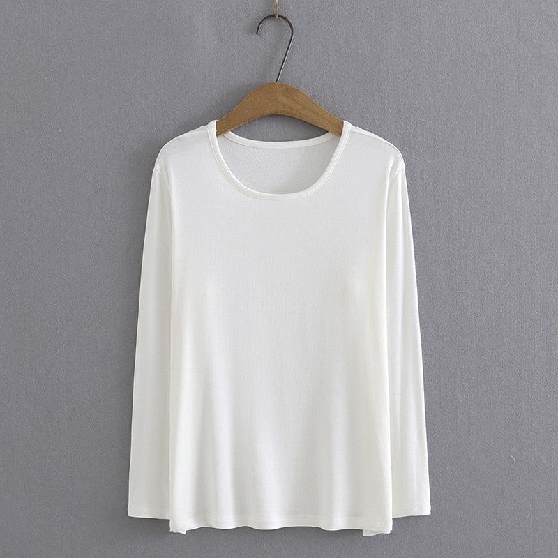 Autumn T-Shirt Women Clothing High Stretch Slim Fit Cotton Tops Basics O-Neck Long Sleeve Solid Tees