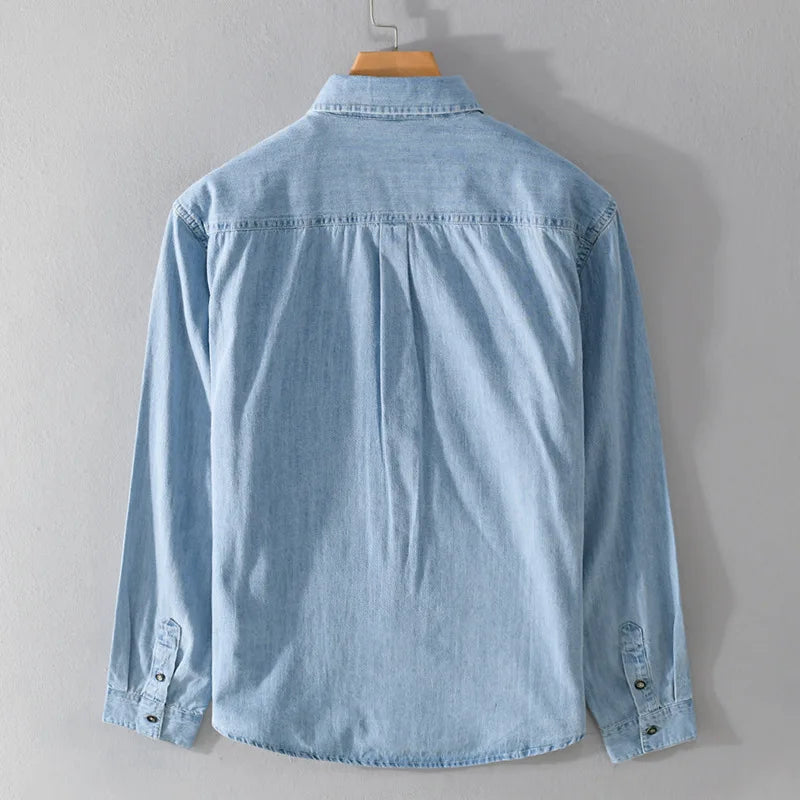 Denim Shirt Men Spring Causal Long Sleeve Shirts Style Slim Fit Blue Jean Tops Simple