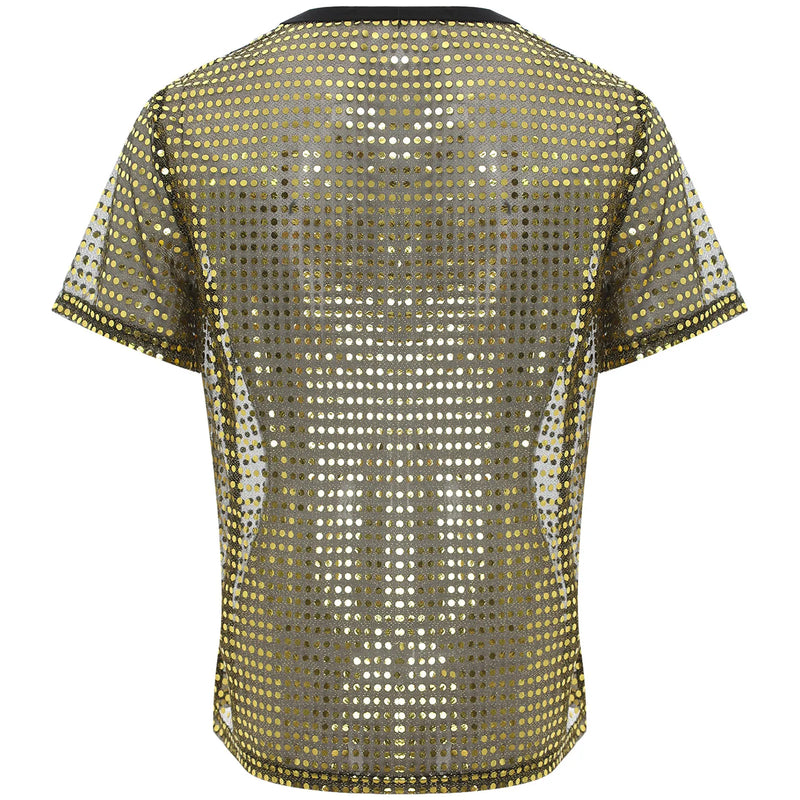 Men Mesh Hippie T-shirt Top Short Sleeve Blouse See Through Sheer Classic Tee Top