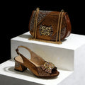 Open Toe High Heels & Bag Set Gold blocking Rhinestones Elegant High Heels