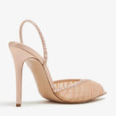 Beige high-heeled shoe with rhinestone details on a white background, Obroi