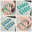 Collage of green and blue gradient nail designs on hands and press-on nails, Obroi