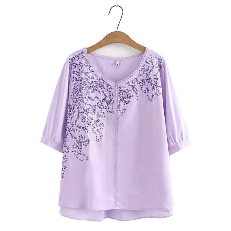 Women Summer Washed Cotton Cross Embroidery V-Neck Tees Middle Aged Tops Oversized Curve Clothes