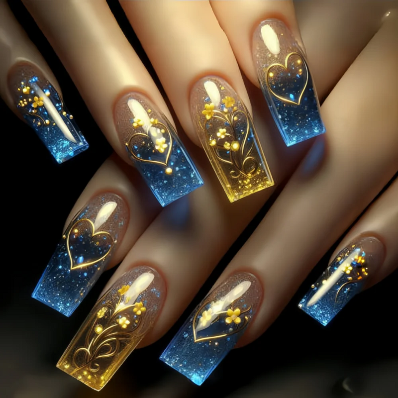 24pcs Flower Stick on False Nails Shiny Powder Design Coffin Press on Nails