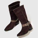 Retro Western Ankle Boots for Women Belt Buckle Decoration Wedge Mid Calf Boots