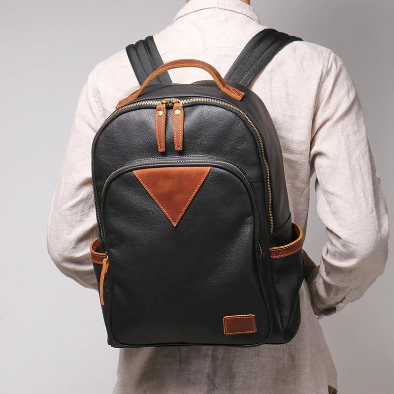 Genuine Leather Men's Bag Leather Backpack Large Capacity Computer Bag Personalized Contrast Travel Bag