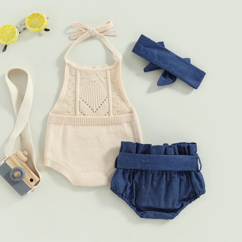 Summer Infant Baby Girl Outfit Halter Neck Knit Sweater Romper Denim Shorts Belt Headband Clothes Set