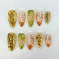 30pcs Gold Foil Swirl Marble Texture Press on Nails Blossom Floral Nail Short Almond Nail for Women