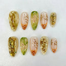 30pcs Gold Foil Swirl Marble Texture Press on Nails Blossom Floral Nail Short Almond Nail for Women