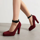 Ladies Pumps Square Toe Flock Suede Block Ankle Buckle Strap Party Mature Female Shoes