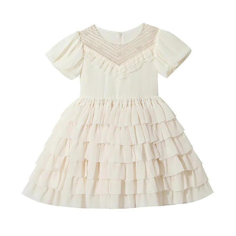 Baby Girls Layered Dress Sequined Short Sleeve Children Dress for Wedding Kids Clothes 3-8Y