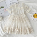 New girls' short-sleeve lace-trimmed princess dress with a turn-down collar