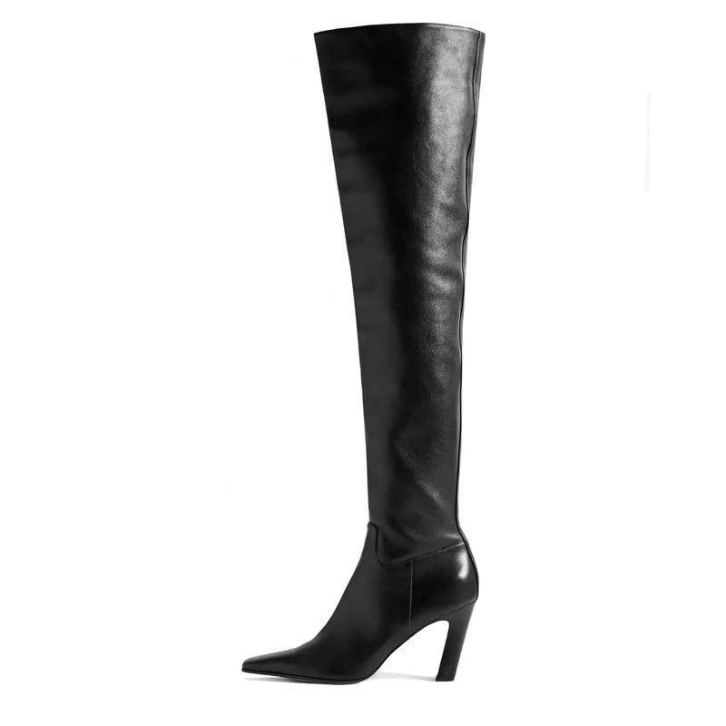 Western Women Boots Genuine Leather Heels Winter Shoes Ladies Long Chelsea Boot