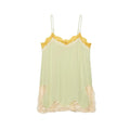 A pale green sheer camisole with yellow lace trim at the neckline and beige lace trim at the hem, displayed against a solid white background, Obroi