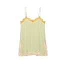 A pale green sheer camisole with yellow lace trim at the neckline and beige lace trim at the hem, displayed against a solid white background, Obroi