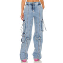 Women Denim Pants Spring Washed Multi Pocket Design Ladies Jeans Loose Casual Long Denim Trousers