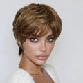 Woman wearing a short, styled wig with a neutral background, Obroi