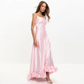 Pink Satin Square Neck Spaghetti Strap Ruffle Hem Floor Length Evening Gown Elegant