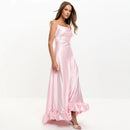 Pink Satin Square Neck Spaghetti Strap Ruffle Hem Floor Length Evening Gown Elegant
