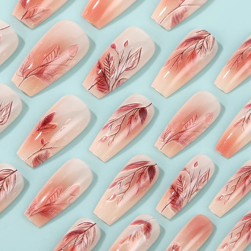 24 Pcs Gradient Press on Nails Ballet Medium Long Nail Tips Reusable False Nails Press on Coffin Removable