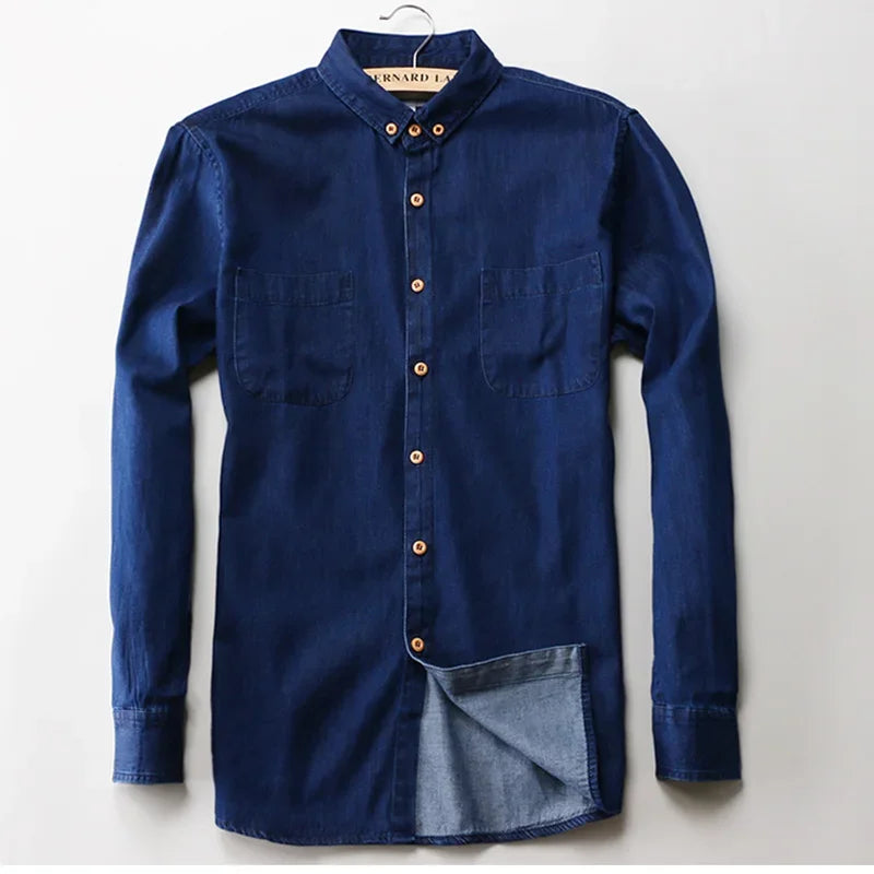 Spring Autumn Men Denim Shirt Long Sleeve Soft Slim