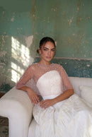 Pearl Beaded Tulle Bridal Cape Short Wedding Shawl Sheer Pink Bolero Cover Up For Wedding Dress