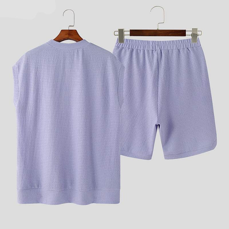 Knitted Texture Sleeveless Suits Solid Drop Shoulder Vests Shorts Two-piece