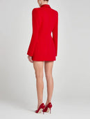 Person wearing a red blazer dress on a white background, Obroi