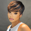 Woman with a stylish haircut against a neutral background, Obroi
