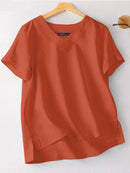 Summer Solid Tops Woman Short Sleeve V-Neck Chemise Female Loose Casual Cotton Blouse Oversize