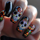 Nails with colorful skull design on a neutral background, Obroi
