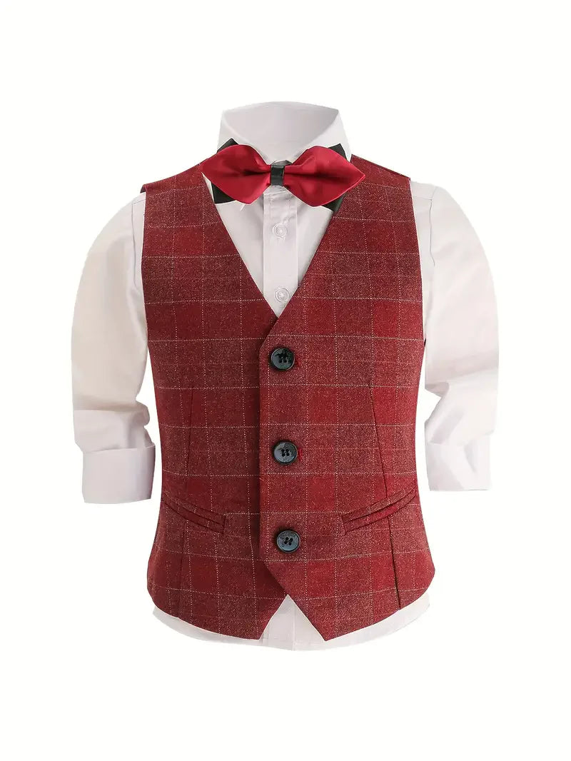Boys Plaid Vest Pants Bowtie 3Pieces Formal Wedding Birthday Outfit Suit Kids