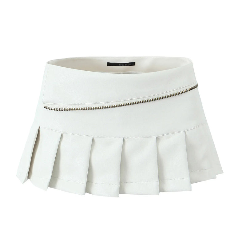 Leather Pleated Mini Skirt With Shorts lining Sexy Zipper Low Waist Short Skater Coffee White Black