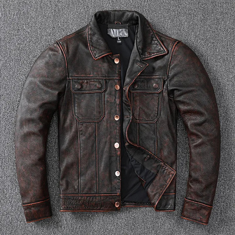 Leather jacket pure had layer leather leather men's stone ground made old American coat