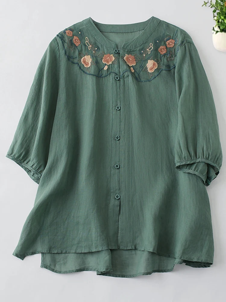 Spring Summer Cotton Linen Embroidery Blouse Shirt Button Elegant Office Ladies Women Casual Loose Tops Temperament